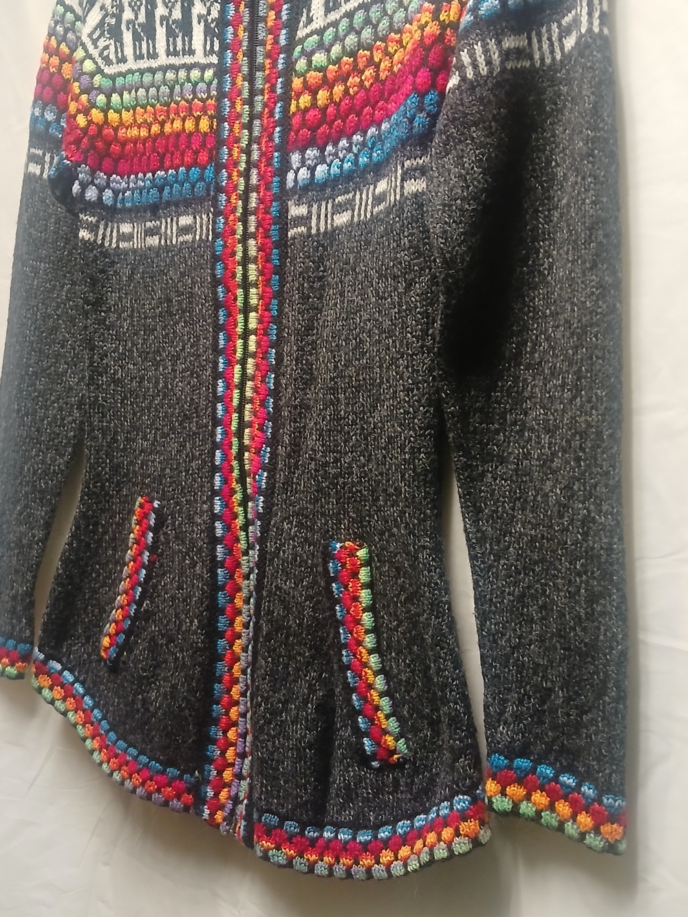 Charcoal Hooded Zip Front Sweater with Multicolor Fair Isle Trim - Picture 5 of 11